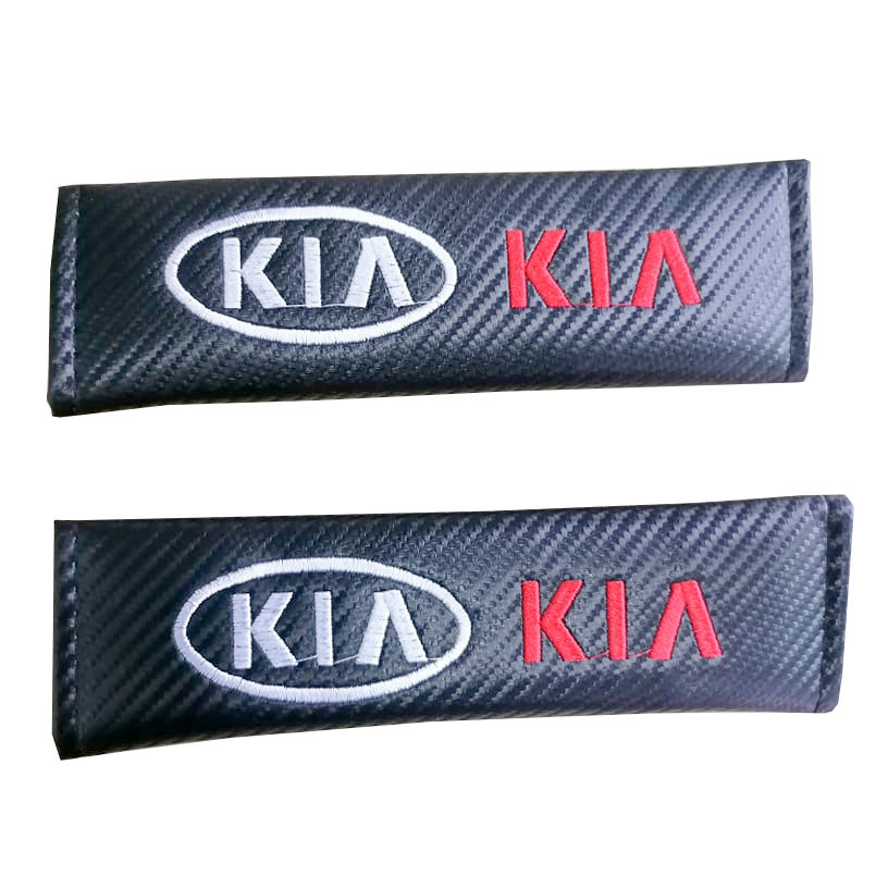 2pcs KIA WHITE LOGO & RED LETTERS Car Seat Belt Shoulder Pad Carbon Fiber Sports Design Seat Belt Cover