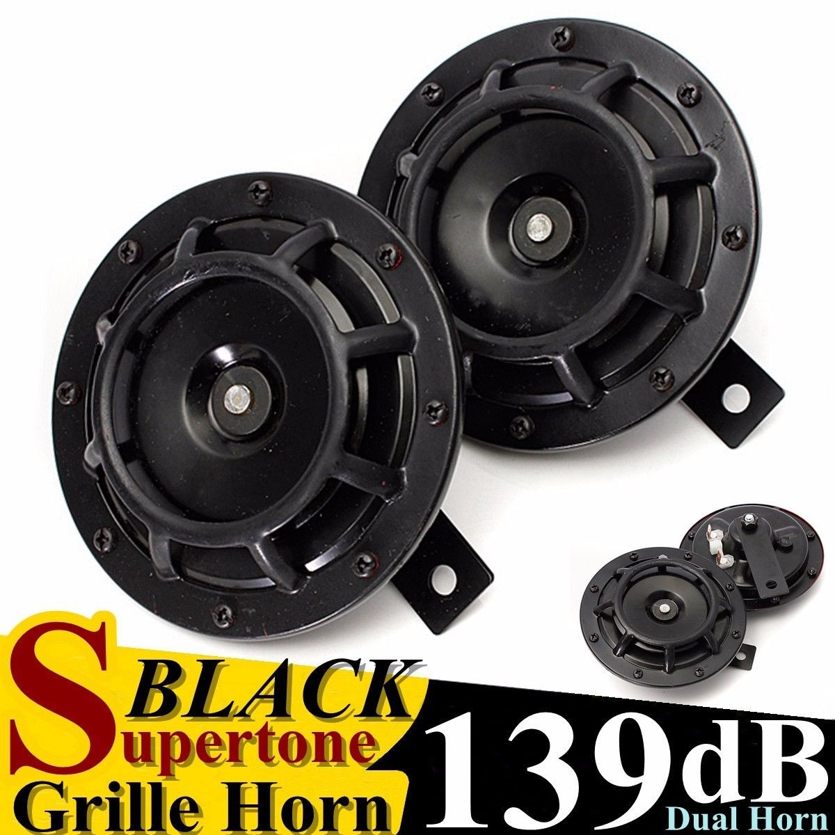 BLACK Super Tone Horn Dual Car Grille Horns 12V Universal 139Db