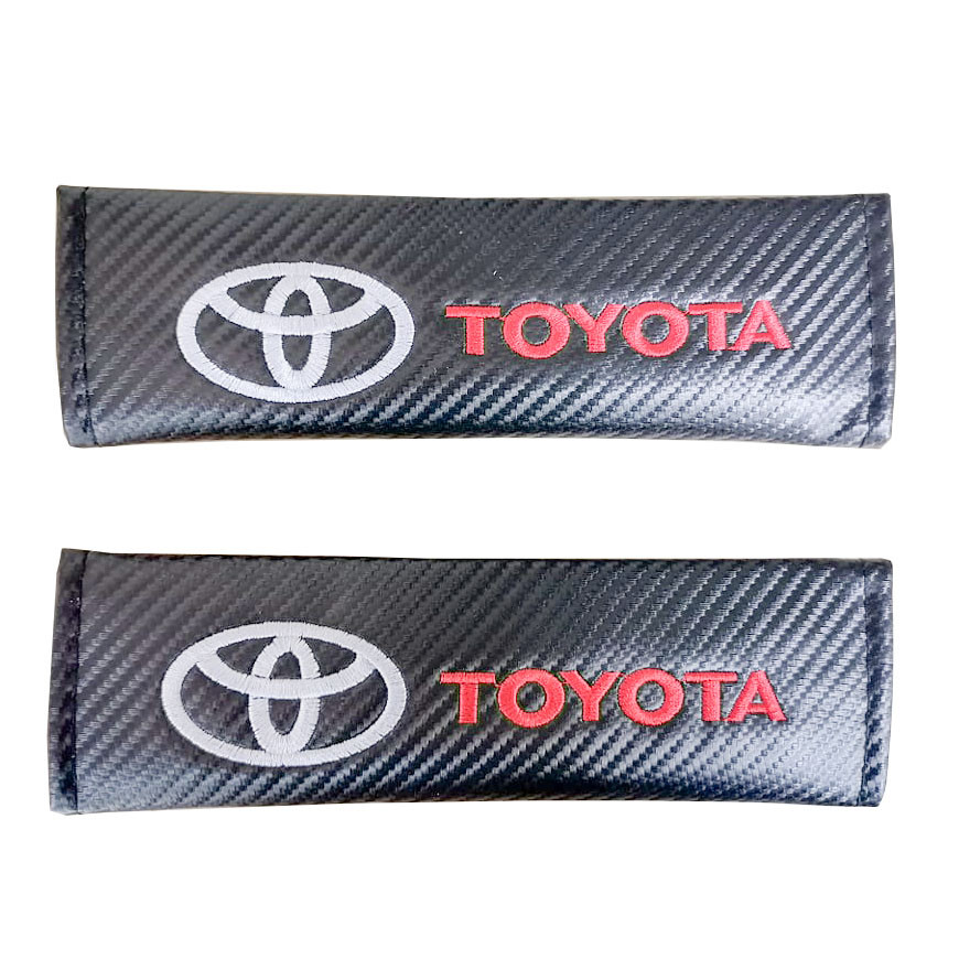 2pcs TOYOTA White logo and Red Letter Car Seat Belt Shoulder Pad Carbon Fiber Sports Design Seat Belt Cover