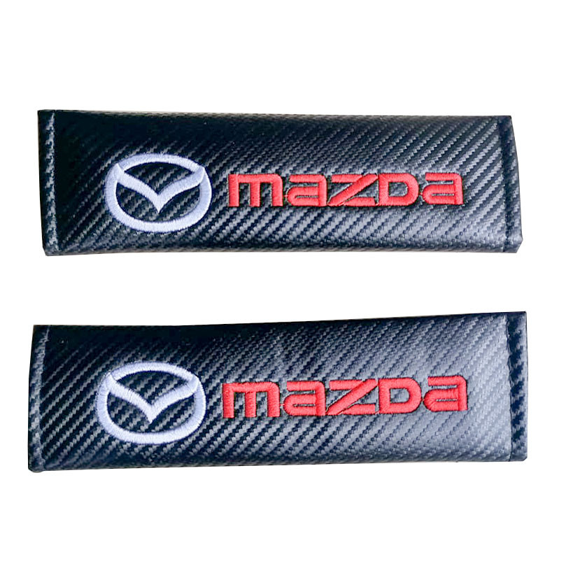 MAZDA white Logo 2pcs Car Seat Belt Shoulder Pad Carbon Fiber Sports Design Seat Belt Cover