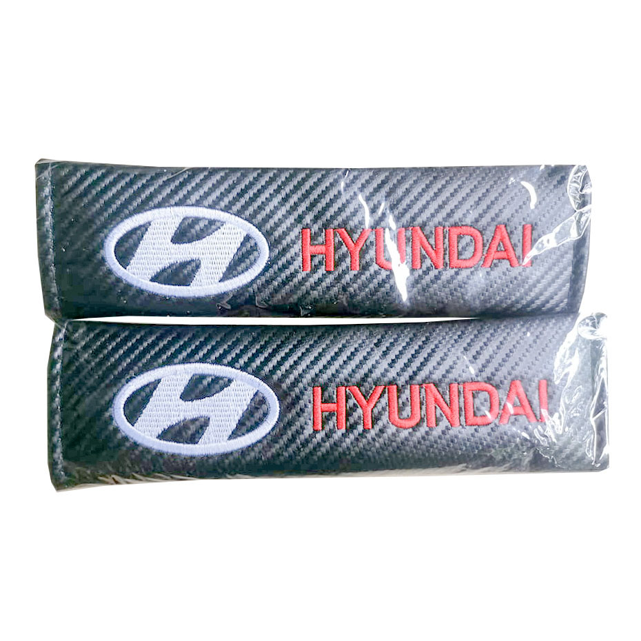 HYUNDAI white logo 2pcs Car Seat Belt Shoulder Pad Carbon Fiber Color Sports Design Seat Belt Cover