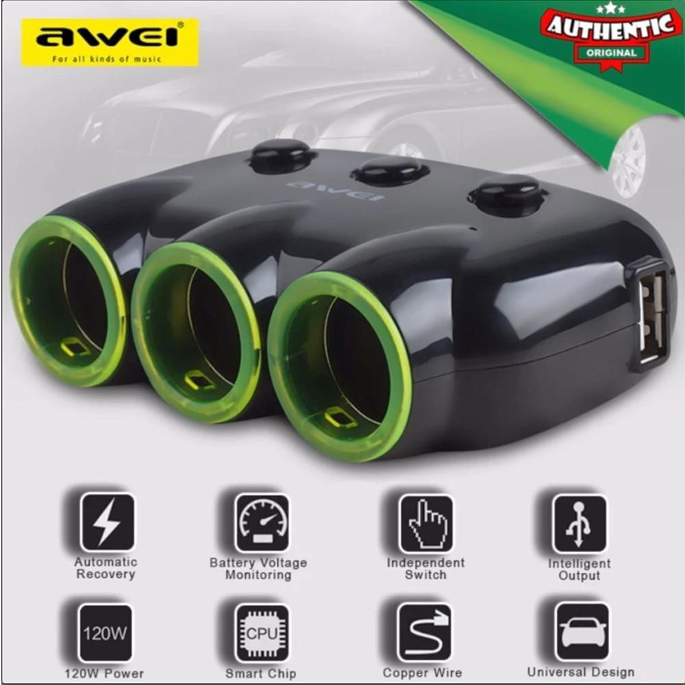 Awei C-3S 2 USB 3 Socket Cigarette Car Lighter Power Adapter