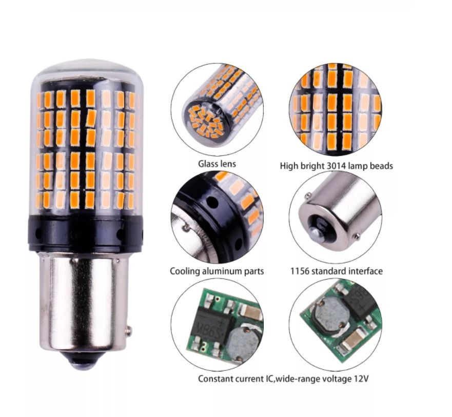 MSM-3146 WHITE 2PCS 144 LED Bulb Tail Light Single Contact PY21W BAU15S 1156 Bulbs 144 smd led