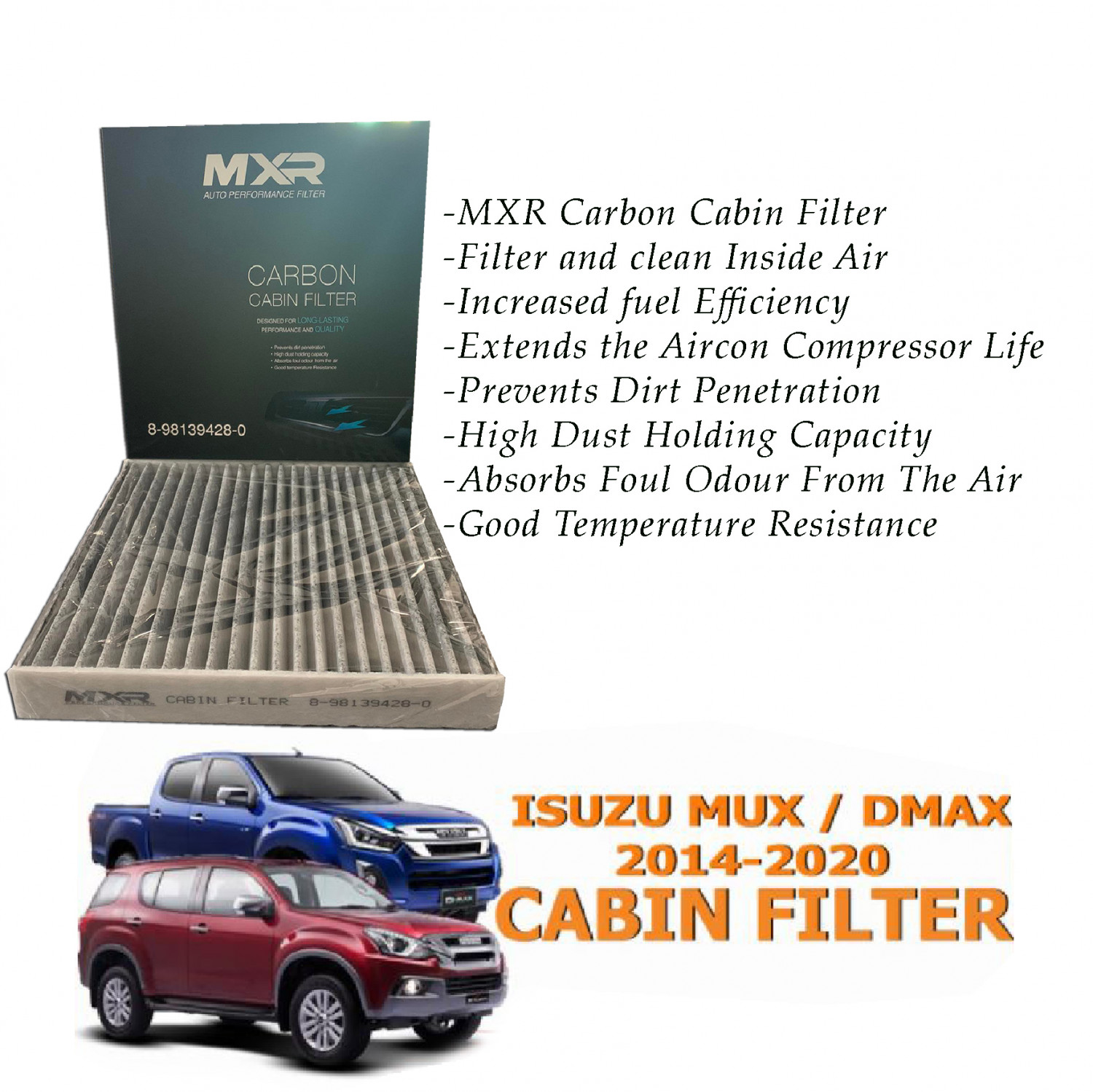 MXR Auto Performance Carbon Cabin Filter for Isuzu Dmax Mux 2014-2021 (8-98139428-0)