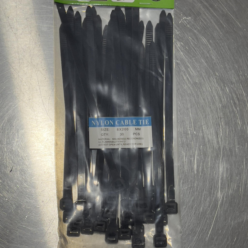 30pcs (8 x 200mm) BLACK NYLON CABLE TIE
