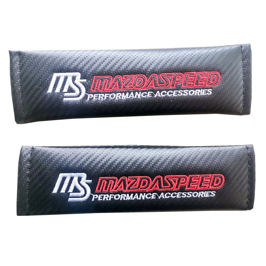 2pcs Mitsubishi Red Logo white Letter Car Seat Belt Shoulder Pad Carbon Fiber Sports Design Seat Belt Cover