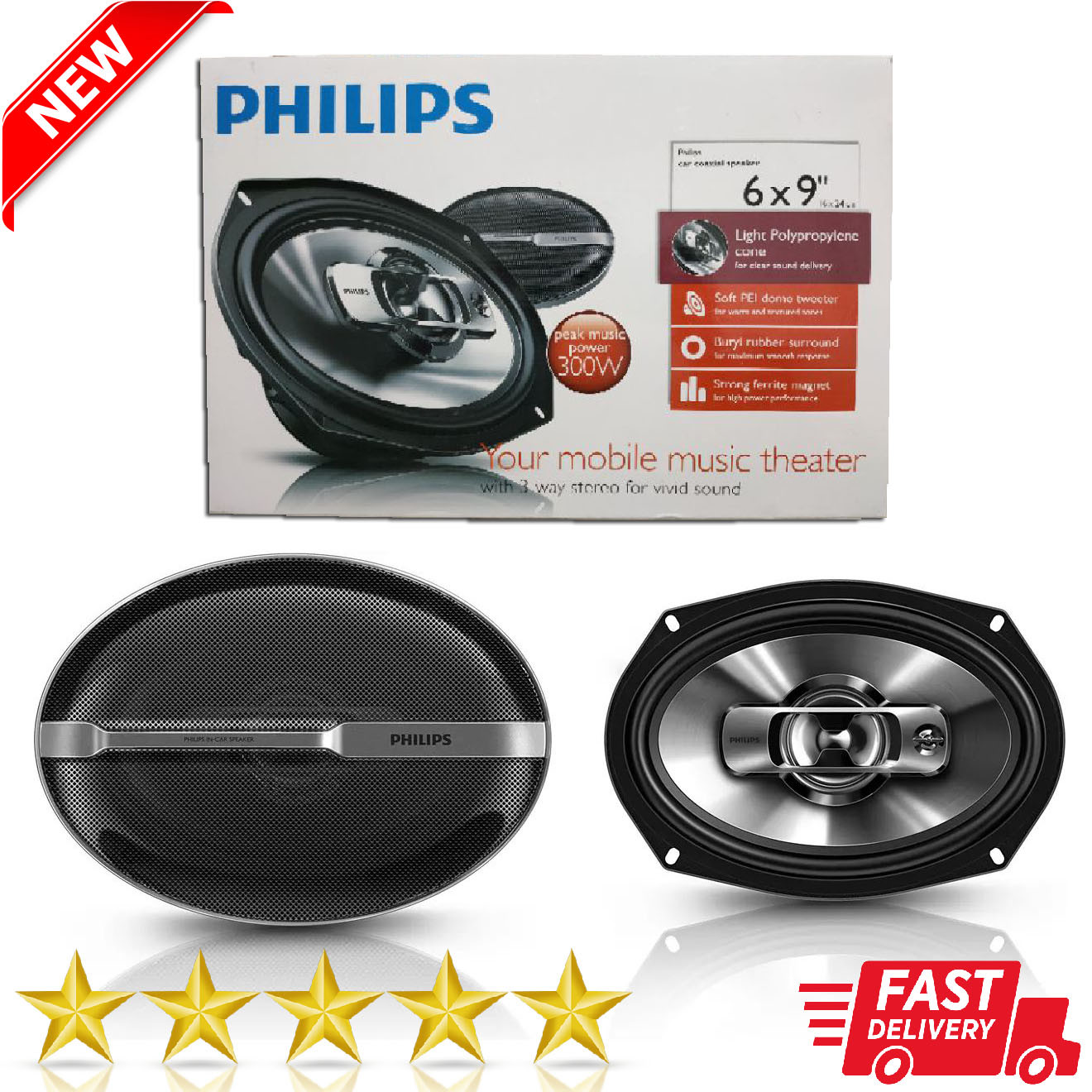 Car Coaxial Speaker Philips 6x9 inches 50RMS 300watts 3-way stereo vivid sound