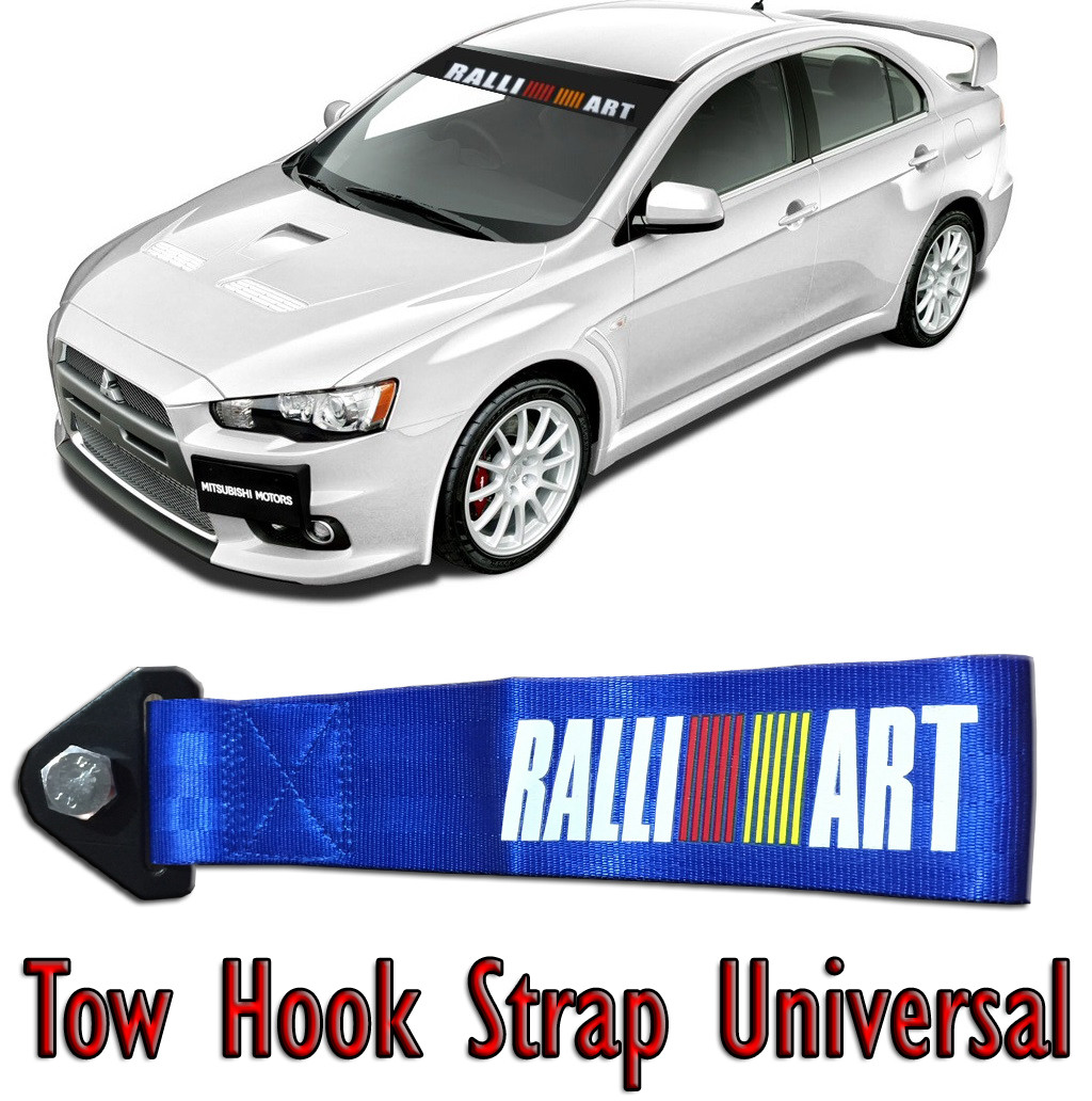 BLUE Car Tow Hook Strap RALLIART Towing Front Bumper Racing