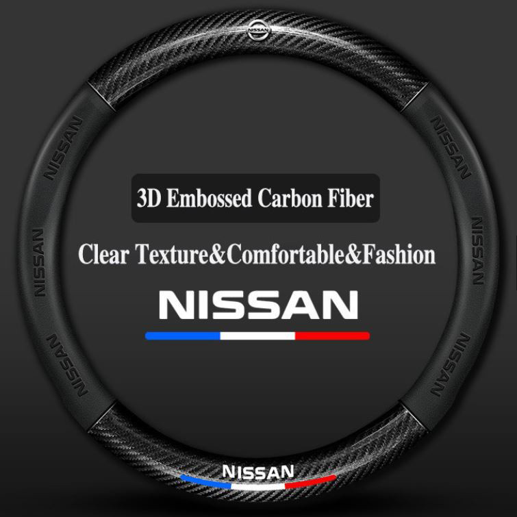 BLACK NISSAN 38cm 3D Relief Carbon Fiber Leather Car Steering Wheel Cover Embossed Logo