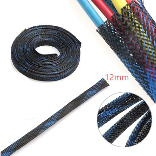 100M 12mm Cables Wire Gland Protection Black+Blue Insulation Braided Sleeving Tight PET Expandable Cable Sleeve